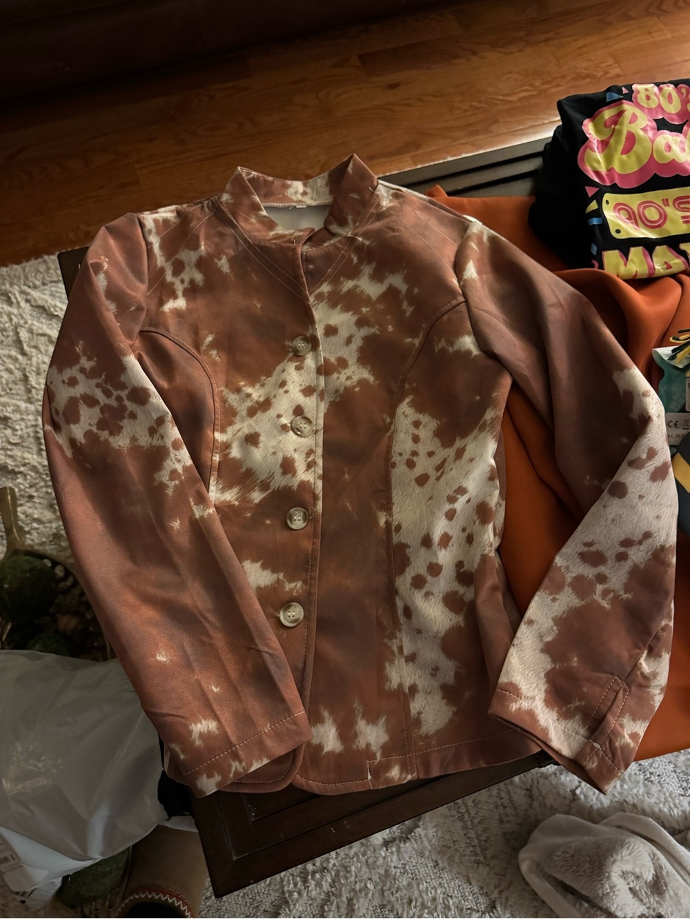 Women's Cow Rust and White Patterned Leather Button Jacket